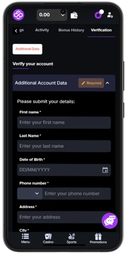 CoinCasino account verification form with personal details fields