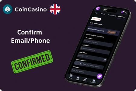 CoinCasino banner with confirmed stamp and email and phone confirmation form