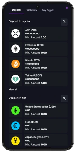 CoinCasino deposit page with crypto and fiat currency options