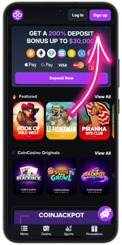 CoinCasino homepage with Sign up button and 200% deposit bonus banner