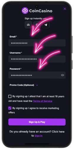 Completed CoinCasino registration form with filled-in details