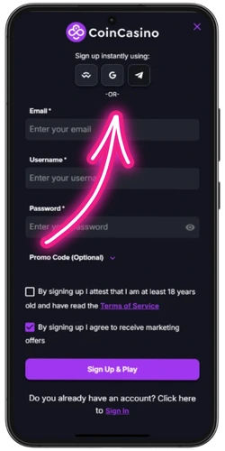 CoinCasino registration form with email, username and password fields