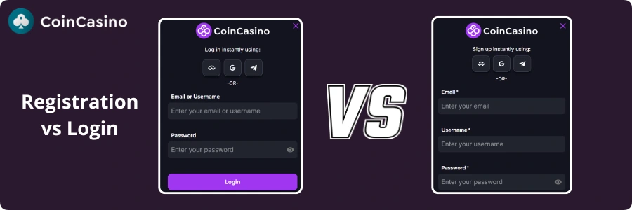 Coin Casino registration vs login interface form comparison