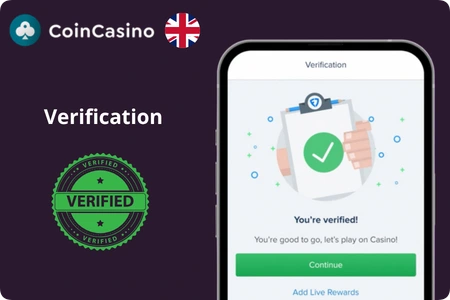 CoinCasino banner with verified stamp and successful account verification screen